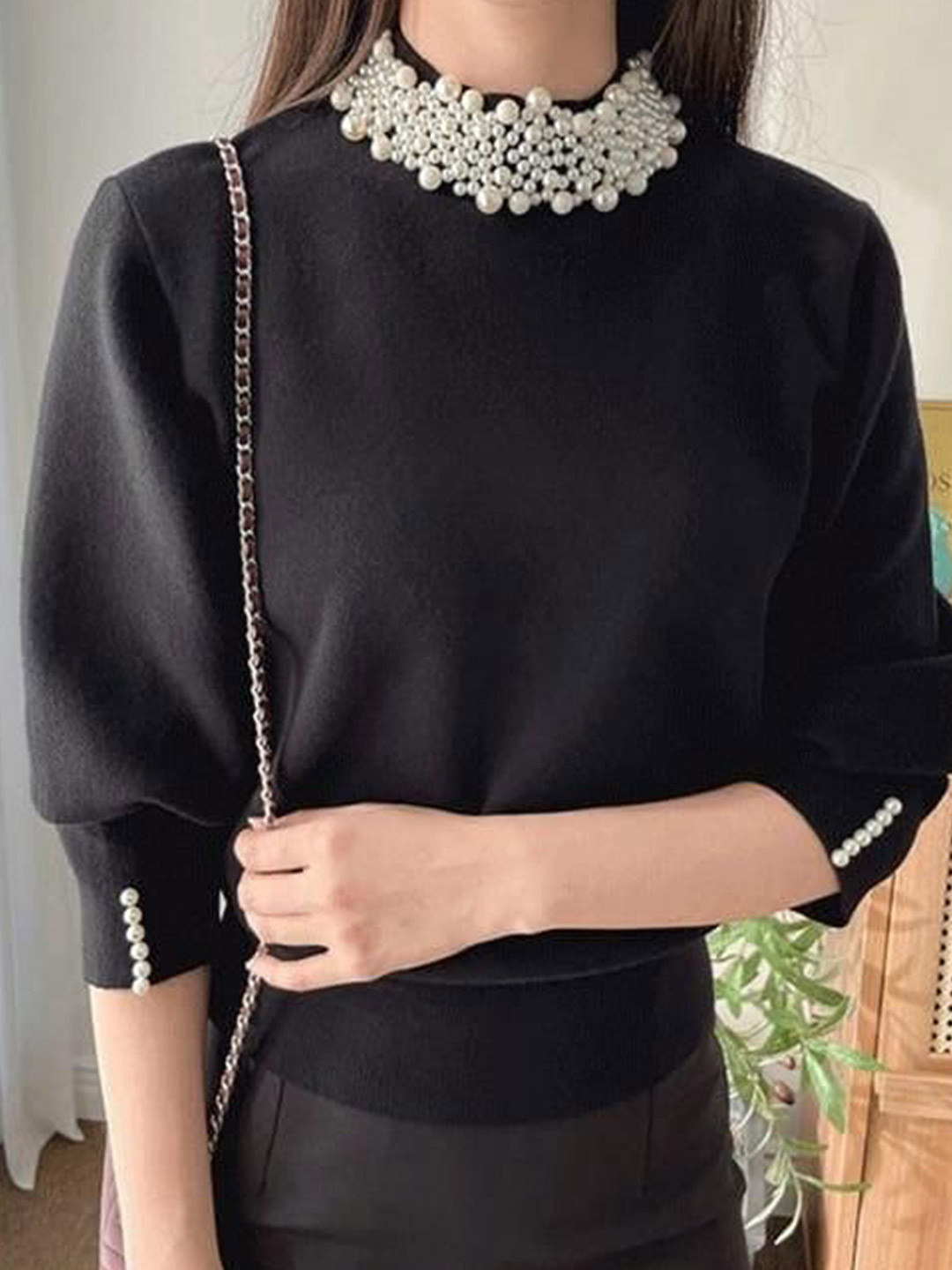 Miss Mosa By Akanksha  Women Black Femella Pearl Detail Luxe Sweater