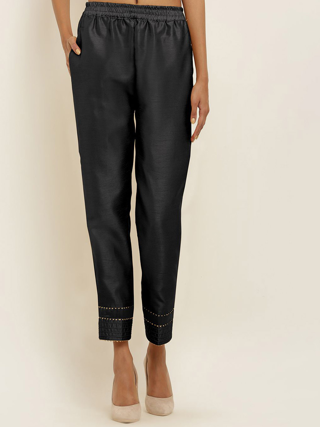 FLOREOS Women Textured Embroidered Comfort Easy Wash Formal Trousers