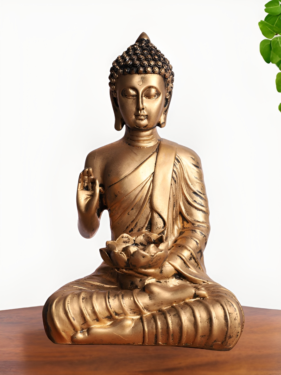 INTERNATIONAL GIFT Buddha with Lotus Flower Shaped Diya Gold Polyresin Glossy Living Room Small Showpiece - 10.5 Inches