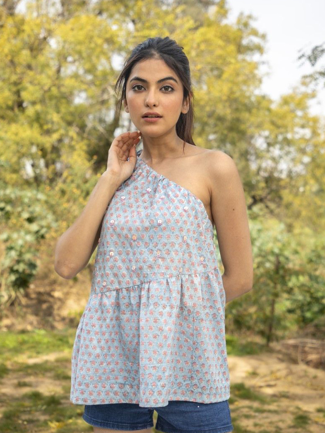 ANUVAS Lin Floral Printed One Shoulder Cotton A-Line Top