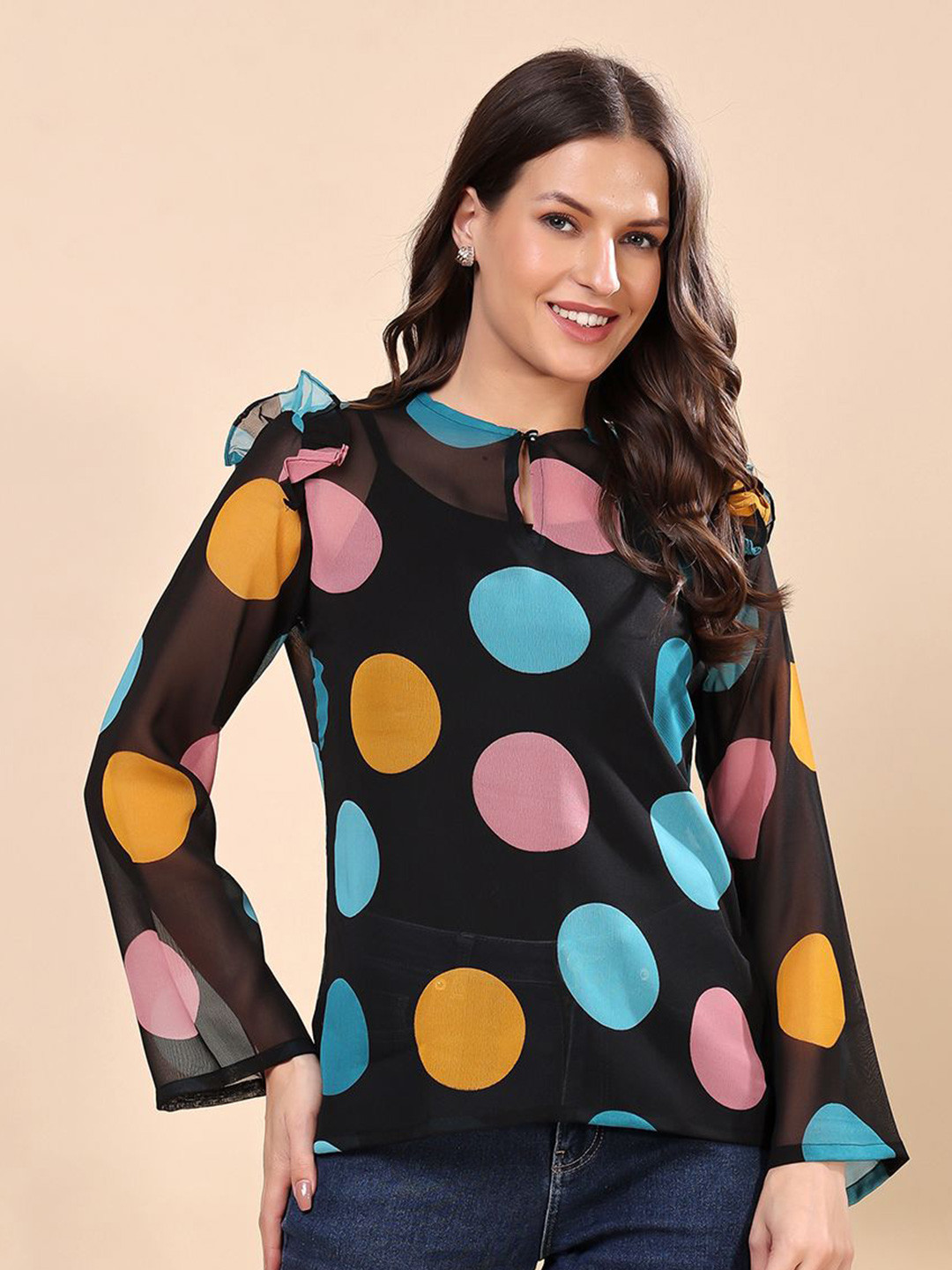 Cation Polka Dot Print Keyhole Neck Georgette Tube Top
