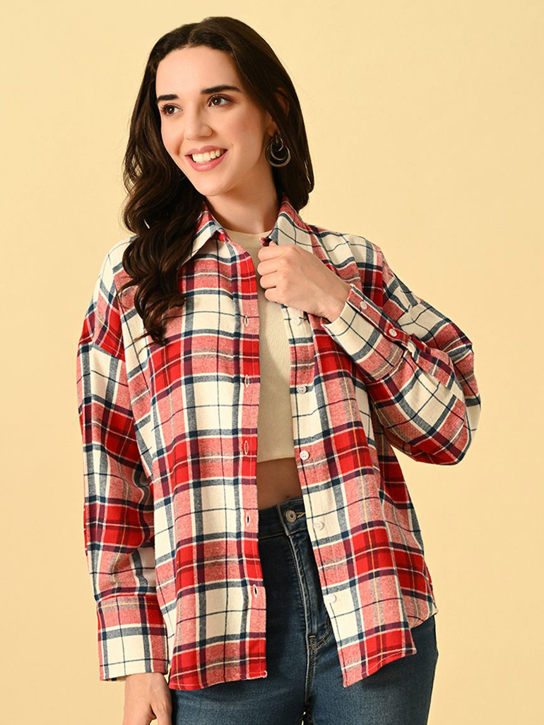 Fuchsia  Women Oversized Fit Spread Collar Tartan Checked Cotton Casual Shirt
