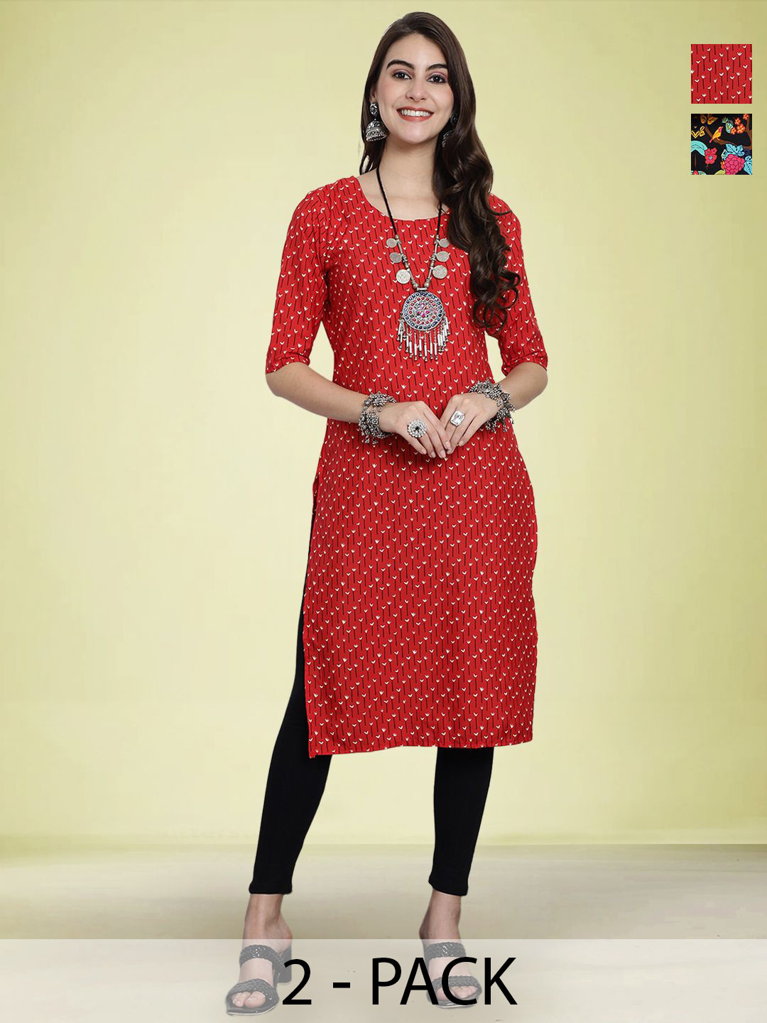 Moda Rapido Selection Of 2 Micro And Ditsy Printed Round Neck Straight Kurtas