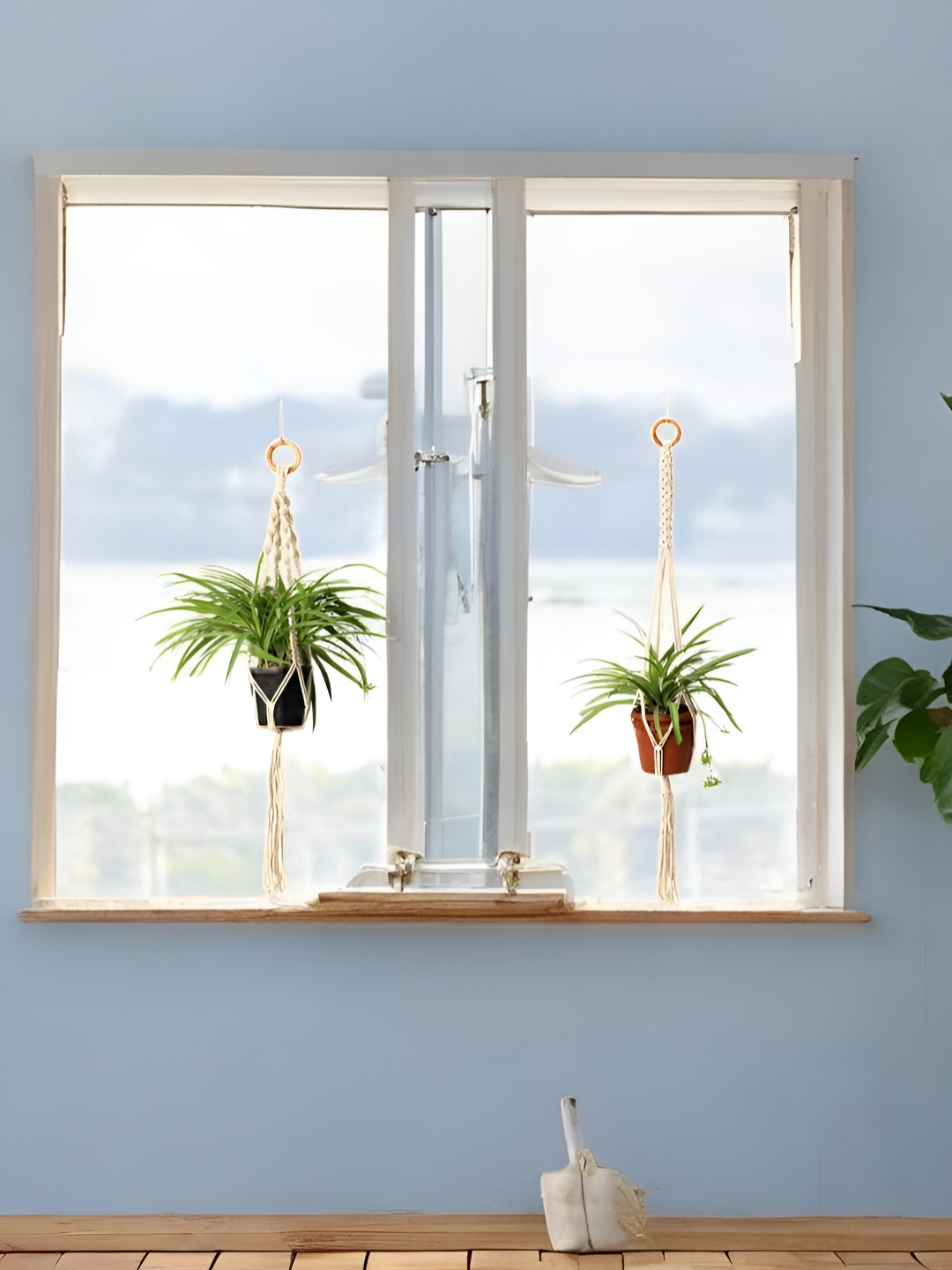 DULI Cream-Coloured 2 Pieces Macrame Cotton Thread Boho Hanging Planters