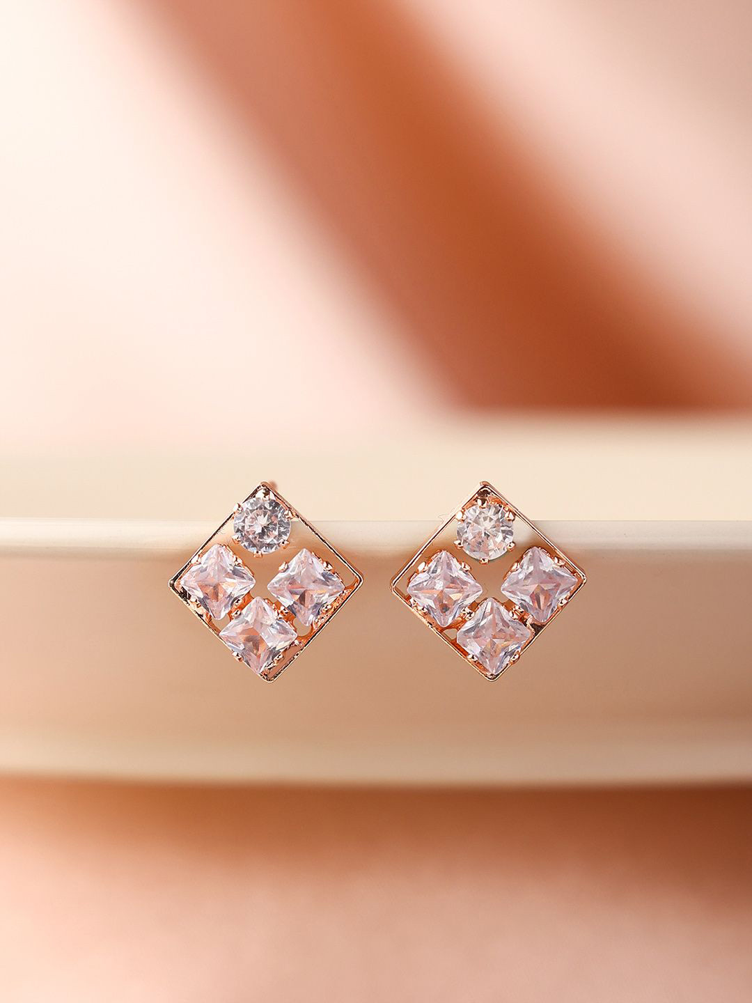 PRITA Rose Gold Plated American Diamond And Crystal Studded Square Shaped Studs