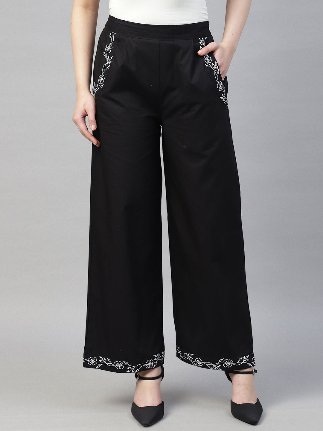 Sands of India Women Embroidered High-Waist Cotton Parallel Trousers