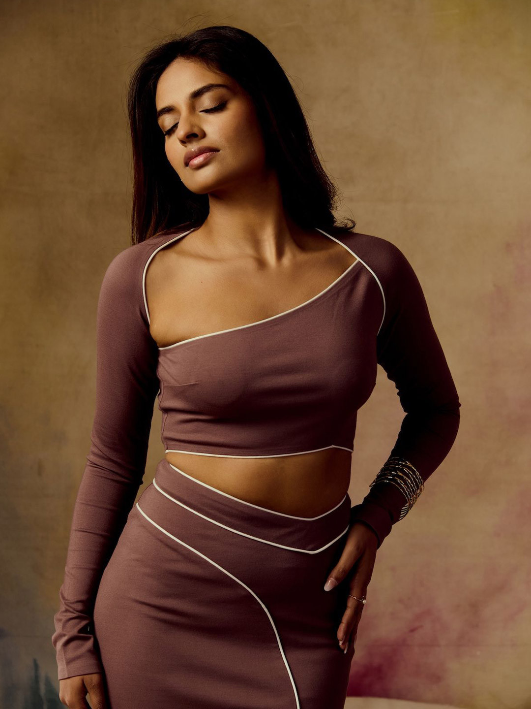 Lea Clothing Co. Women Vienne Brown Asymmetrical Fitted Crop Top With Cut Out