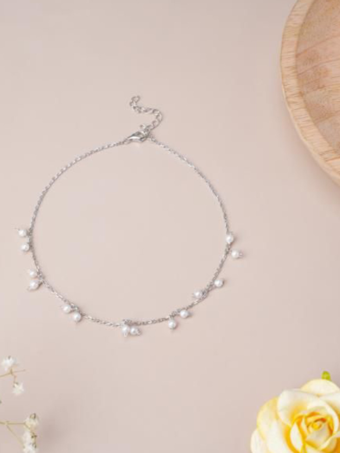 LIORA 925 Silver Jewellery Sterling Silver Rhodium Plated Mini Pearls Beaded Anklet