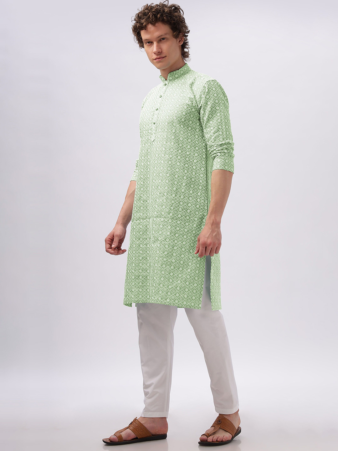 Anouk Green and White Ethnic Motifs Embroidered Cotton Straight Kurta