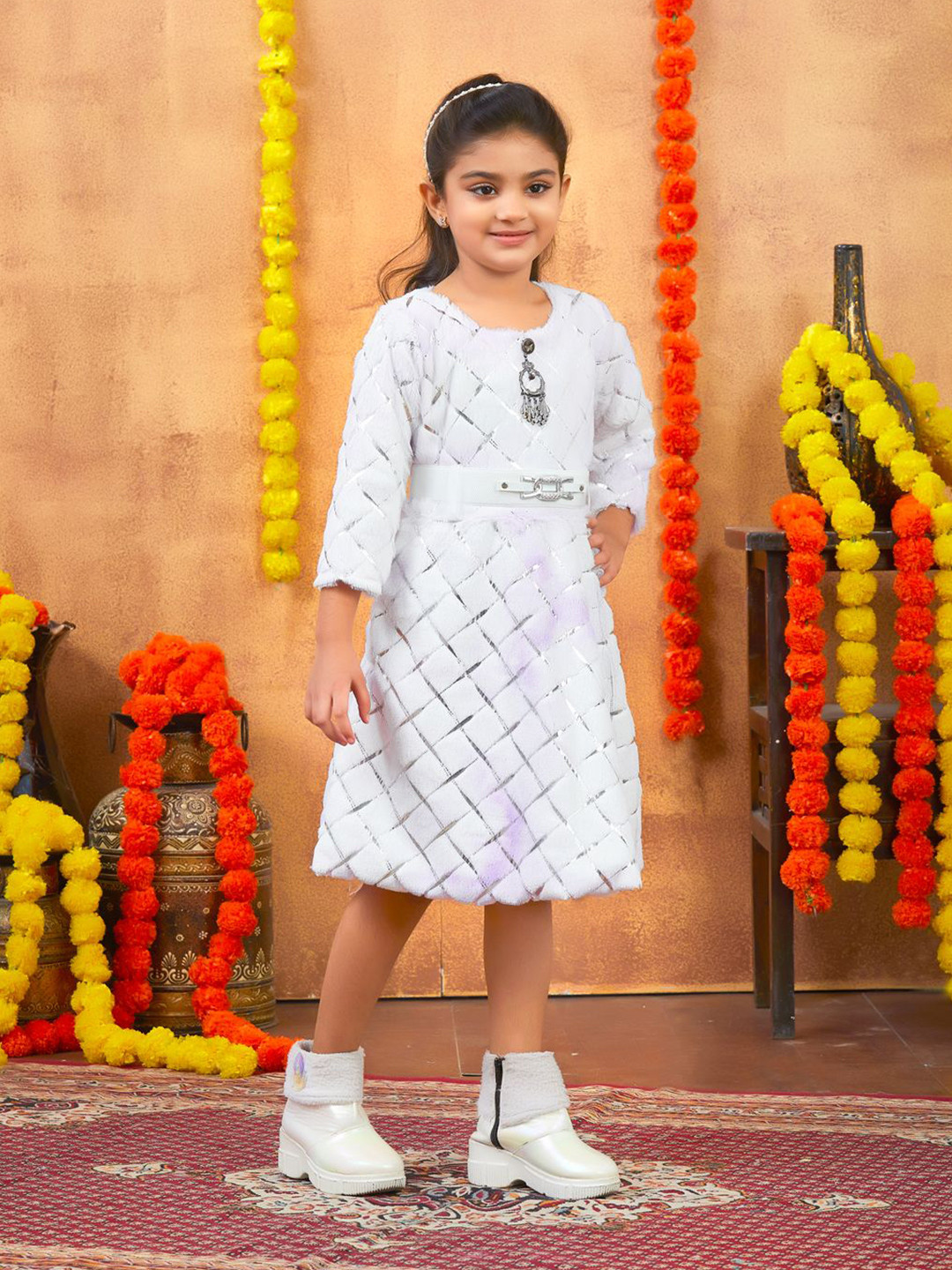 BAESD Girls Woolen Jumper Dress With Belt