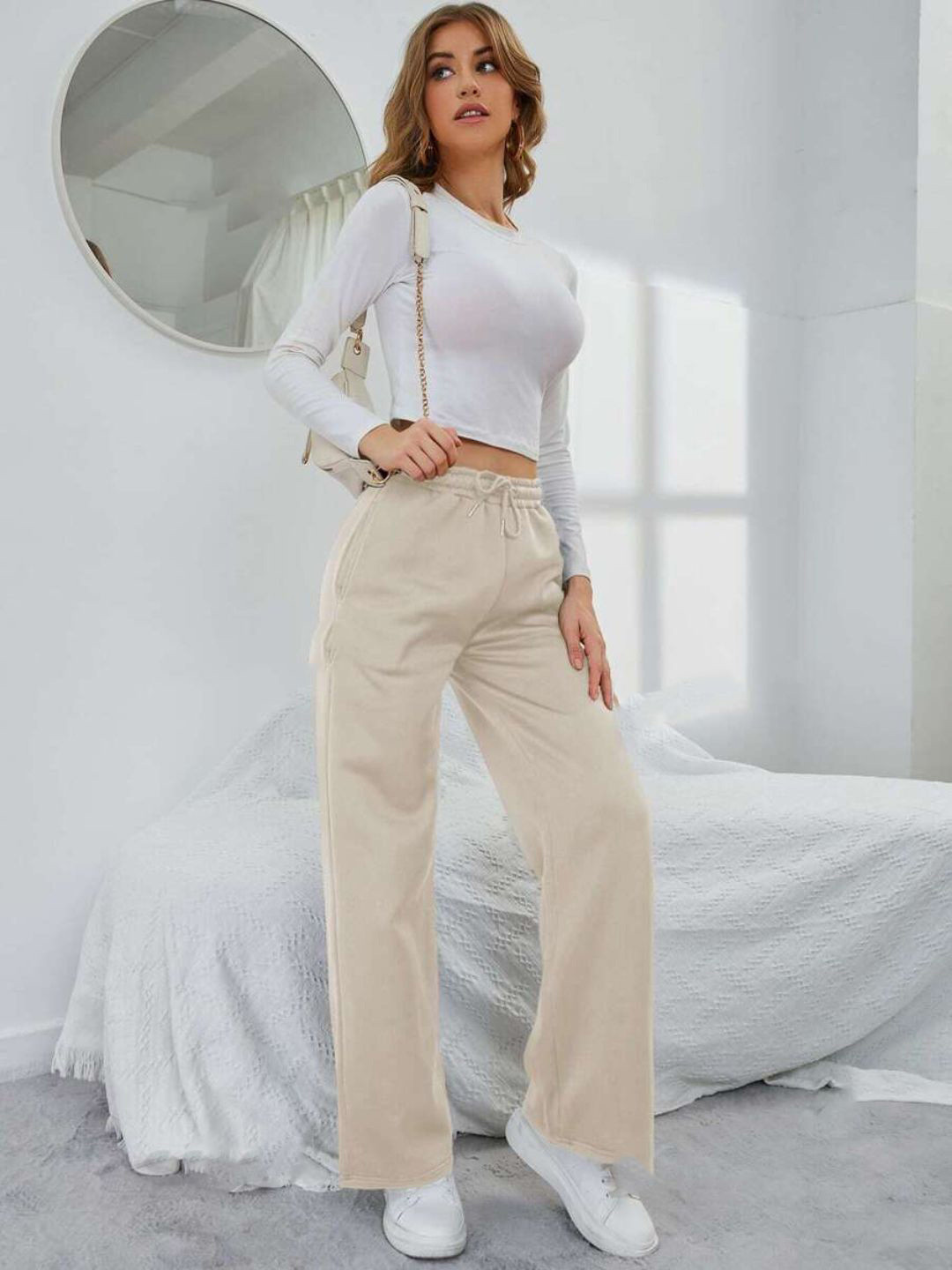 BAESD Women Original Bell Bottom Loose Fit Easy Wash Cotton Pleated Trousers