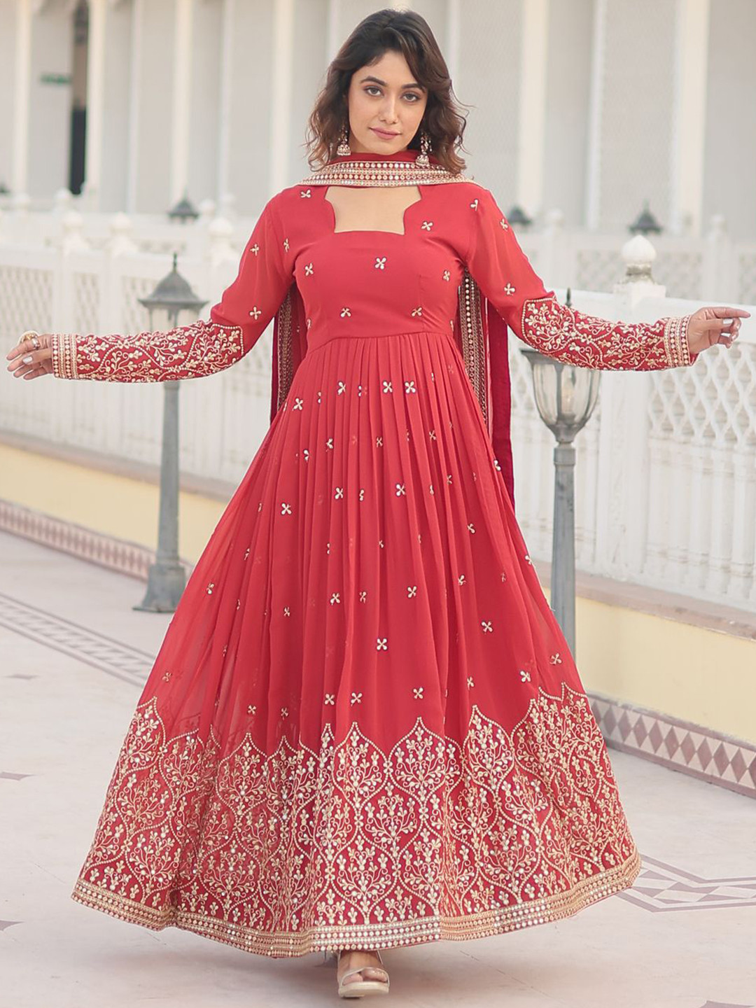 YOYO Fashion Women Embroidered Maxi Ethnic Dresses With Dupatta
