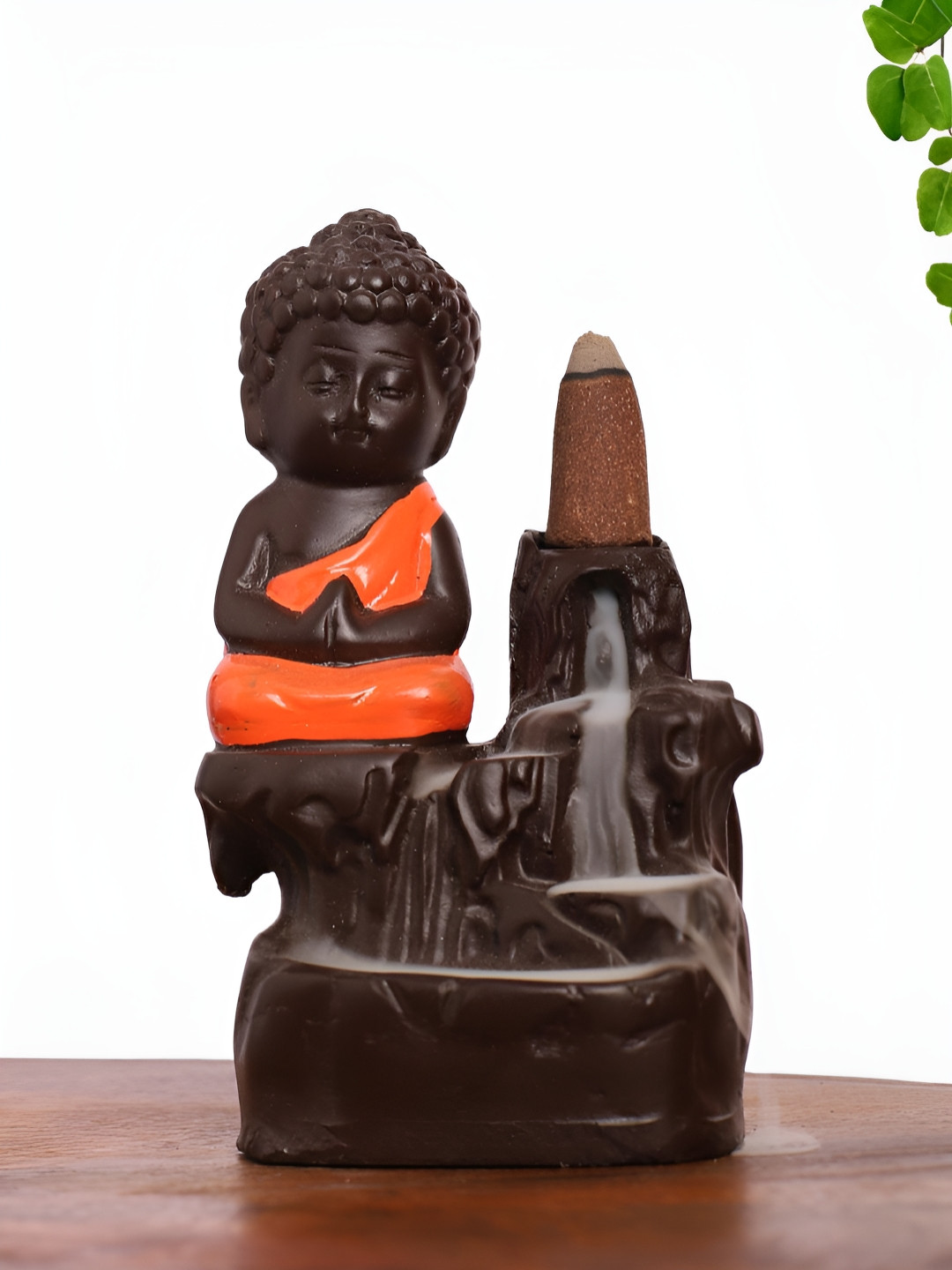 INTERNATIONAL GIFT Prayer Buddha Orange Polyresin Glossy Prayer Room Fountain Tiny Showpiece - 4.5 Inches
