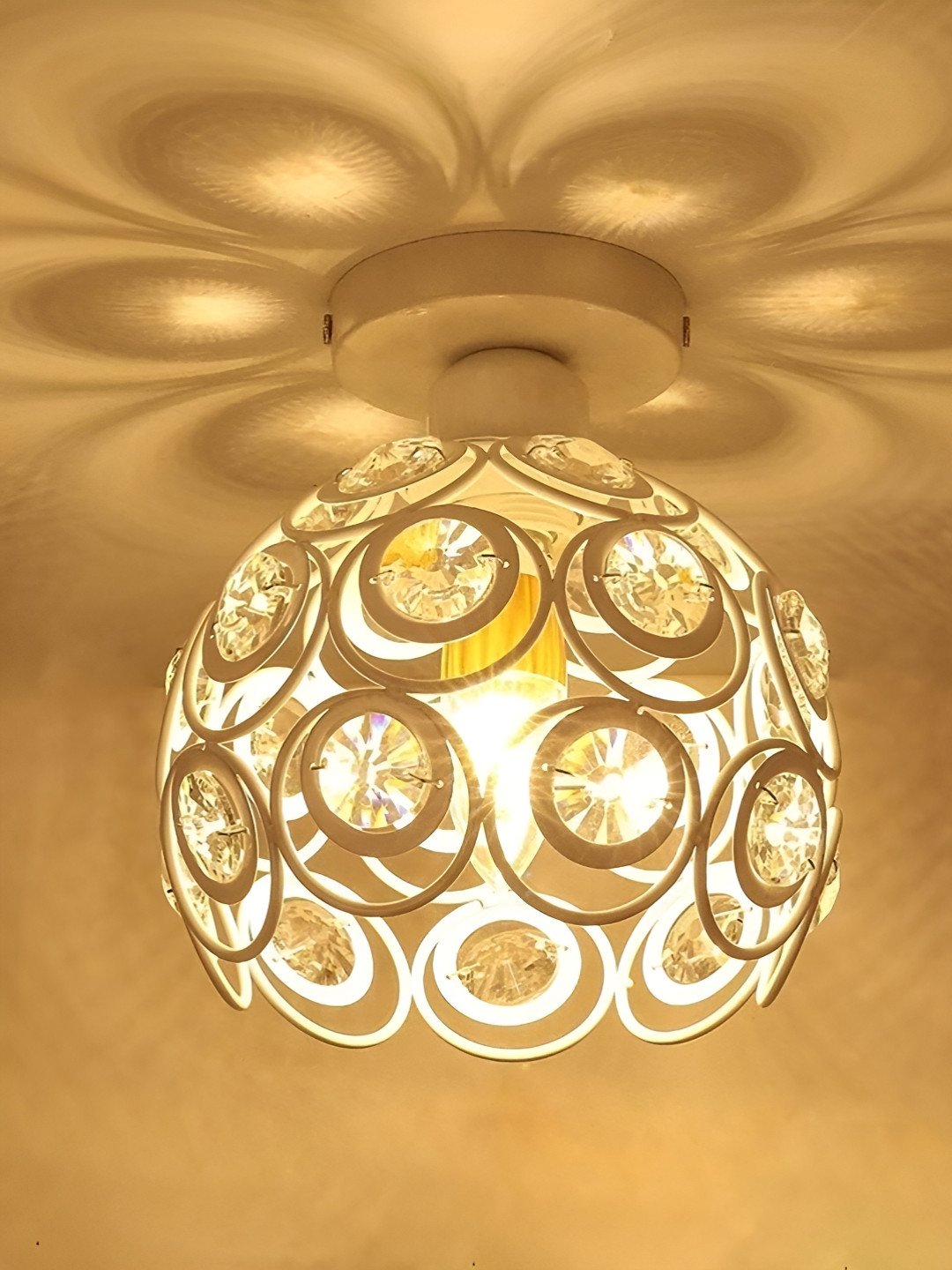 Homesake White Textured Dual Ring Crystal Flush Semi-Sphere Ceiling Lamp With Bulbs