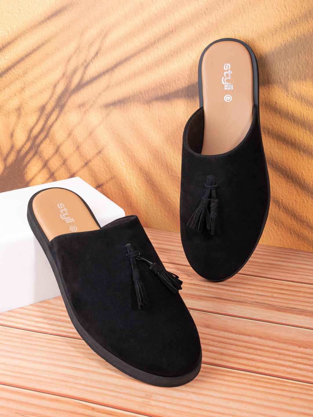 Styli Men Faux Suede Clogs with Tassel Detail