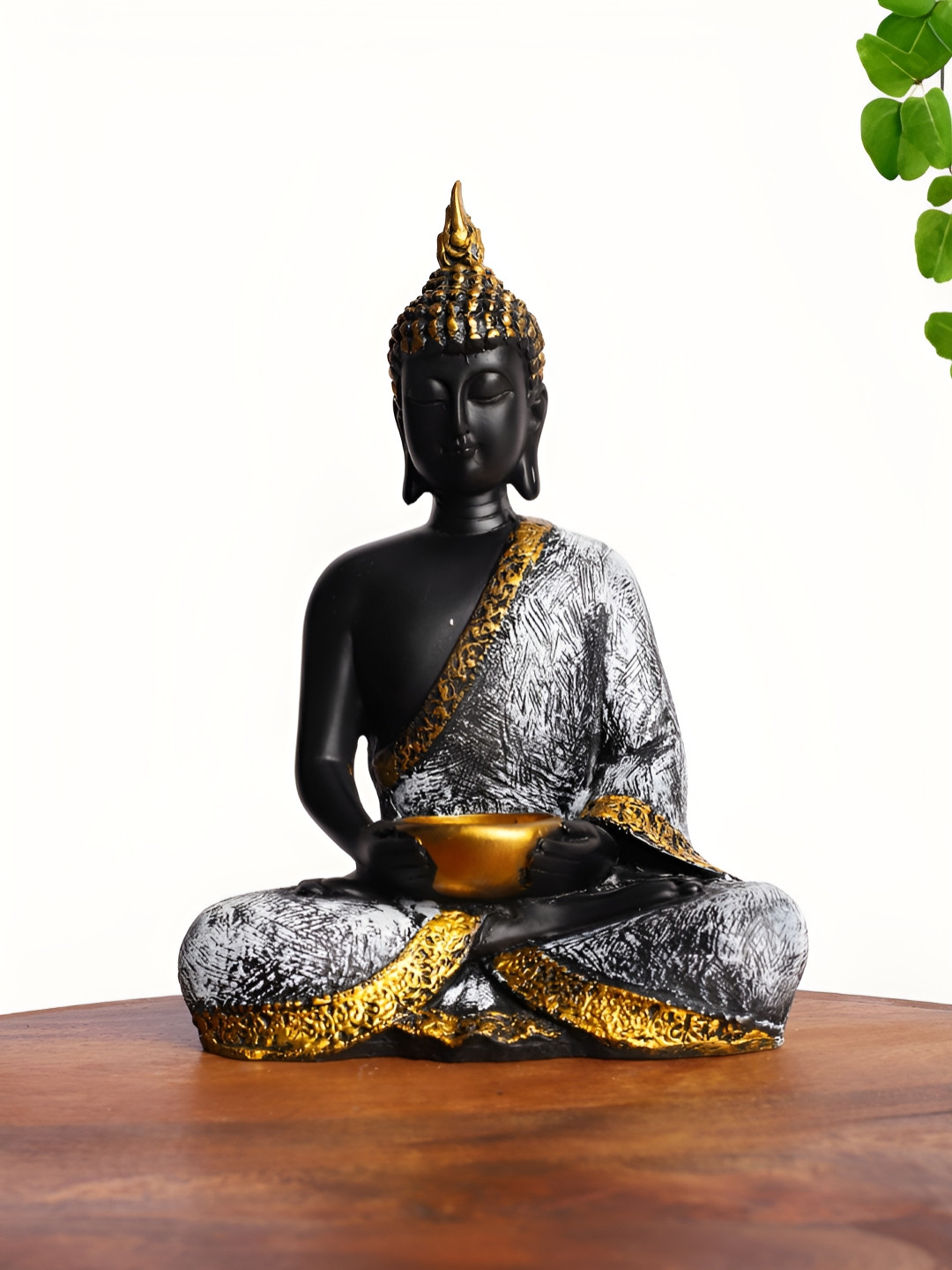 INTERNATIONAL GIFT Buddha with Lotus Diya Silver Polyresin Matte Living Room Small Showpiece - 9 Inches