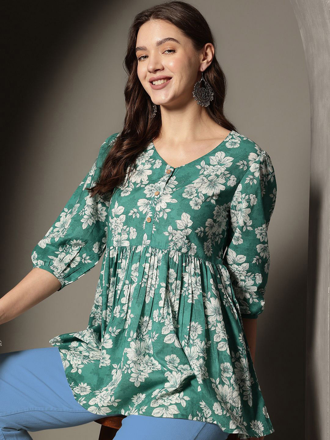 KALINI Women Floral Printed Pure Cotton Peplum Top