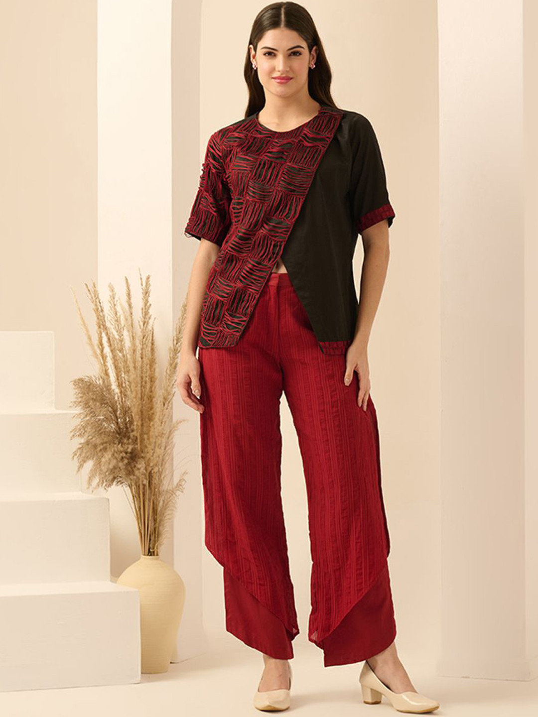First Resort by Ramola Bachchan Embroidered Round Neck Overlap Top With Trouser