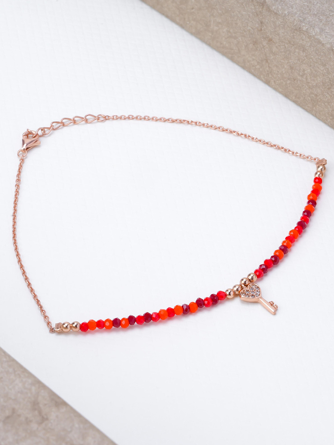 LIORA 925 Silver Jewellery Sterling Silver Rose Gold-Plated Stones Studded & Beaded Anklet