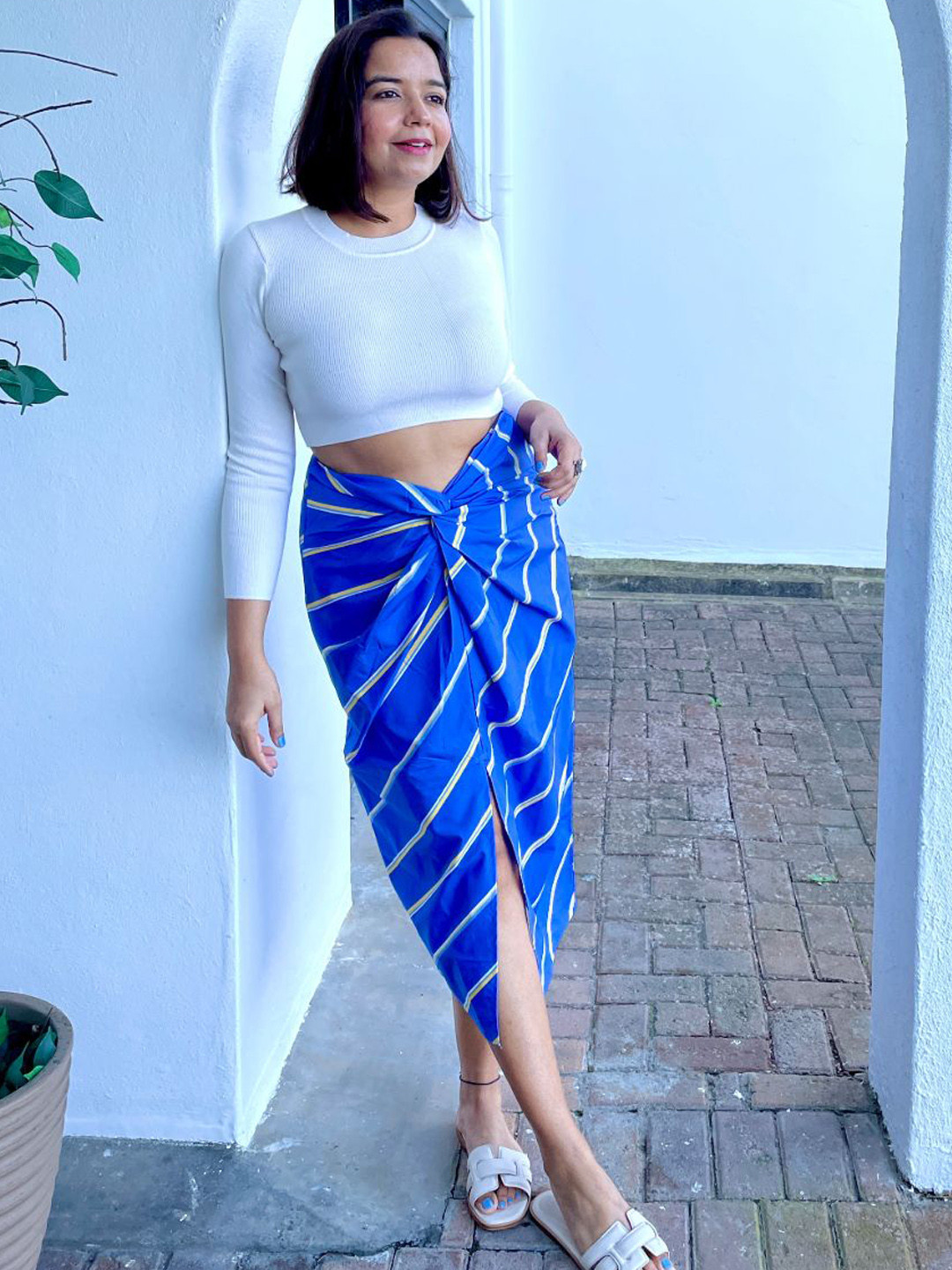 Label Tanvee Women Pure Cotton Stripe Knot Midi Skirt