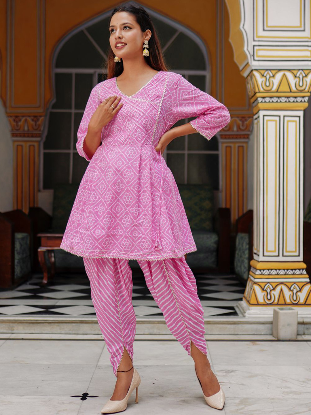 POPPIES LANE Hot Pink Angrakha Style Bandhej Print Dhoti Suit Set