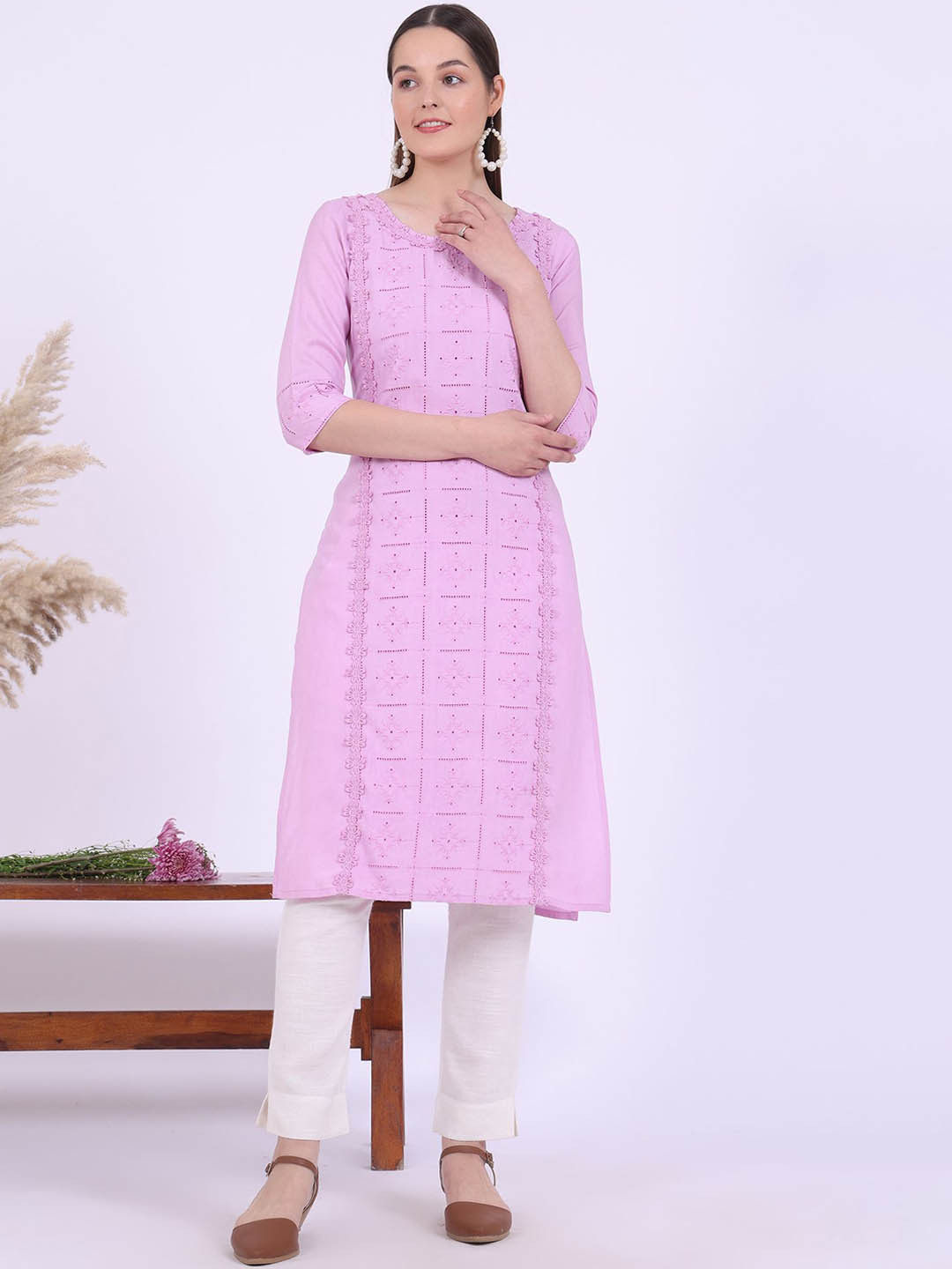 AURELIA Schiffli Lace Work Round Neck Straight Kurta