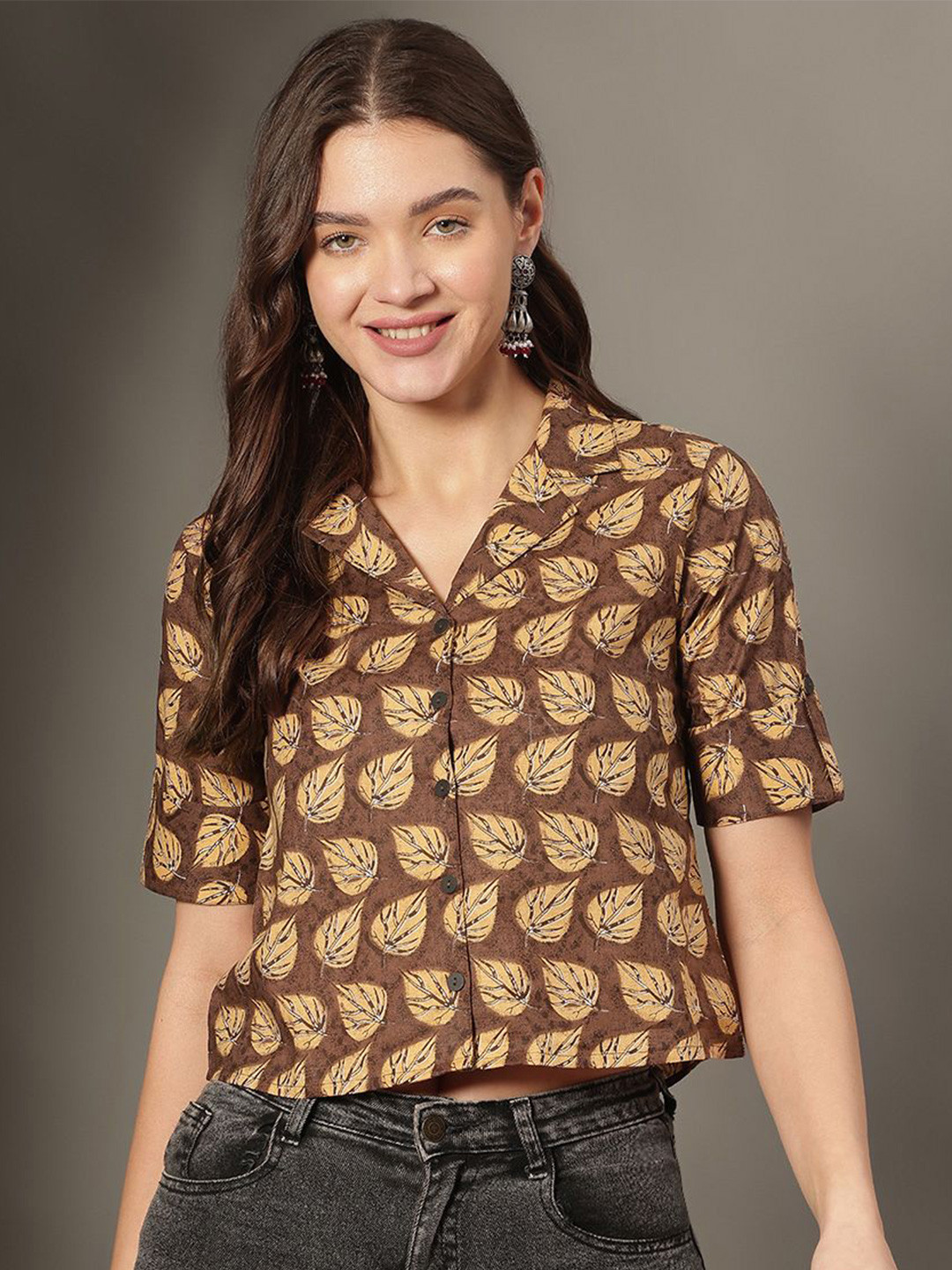 KALINI Floral Print Roll-Up Sleeves Cotton Shirt Style Pure Cotton Crop Top