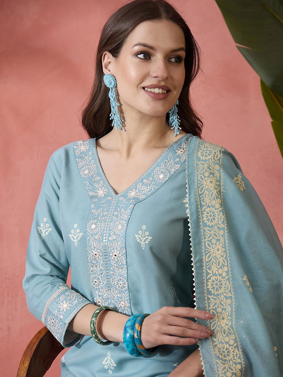 Sangria Ethnic Motif Khadi Printed & Embroidered Straight Kurta With Trouser &Dupatta