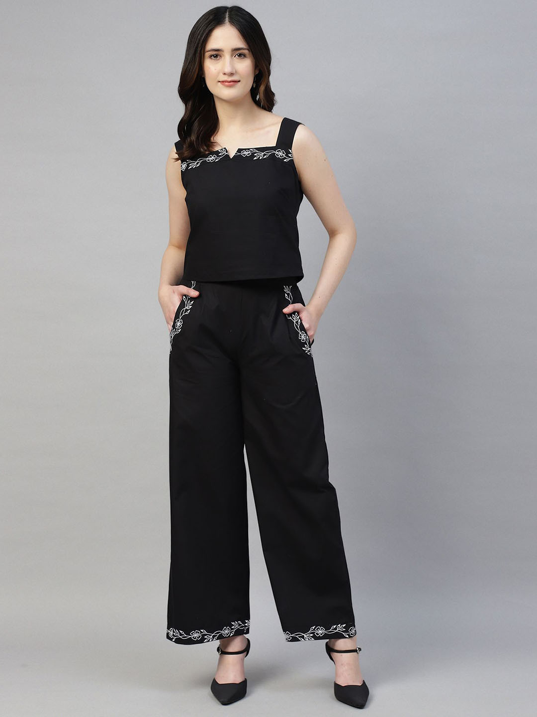 Sands of India Floral Embroidered Square Neck Pure Cotton Top With Trousers