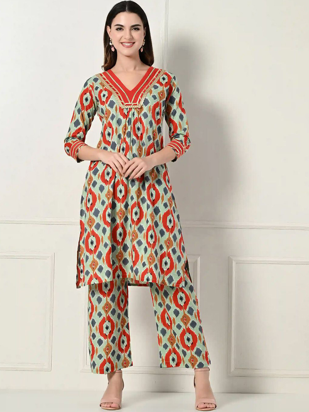 Laado - Pamper Yourself Geometric Printed Pleated Pure Cotton A-Line Kurta With Palazzos