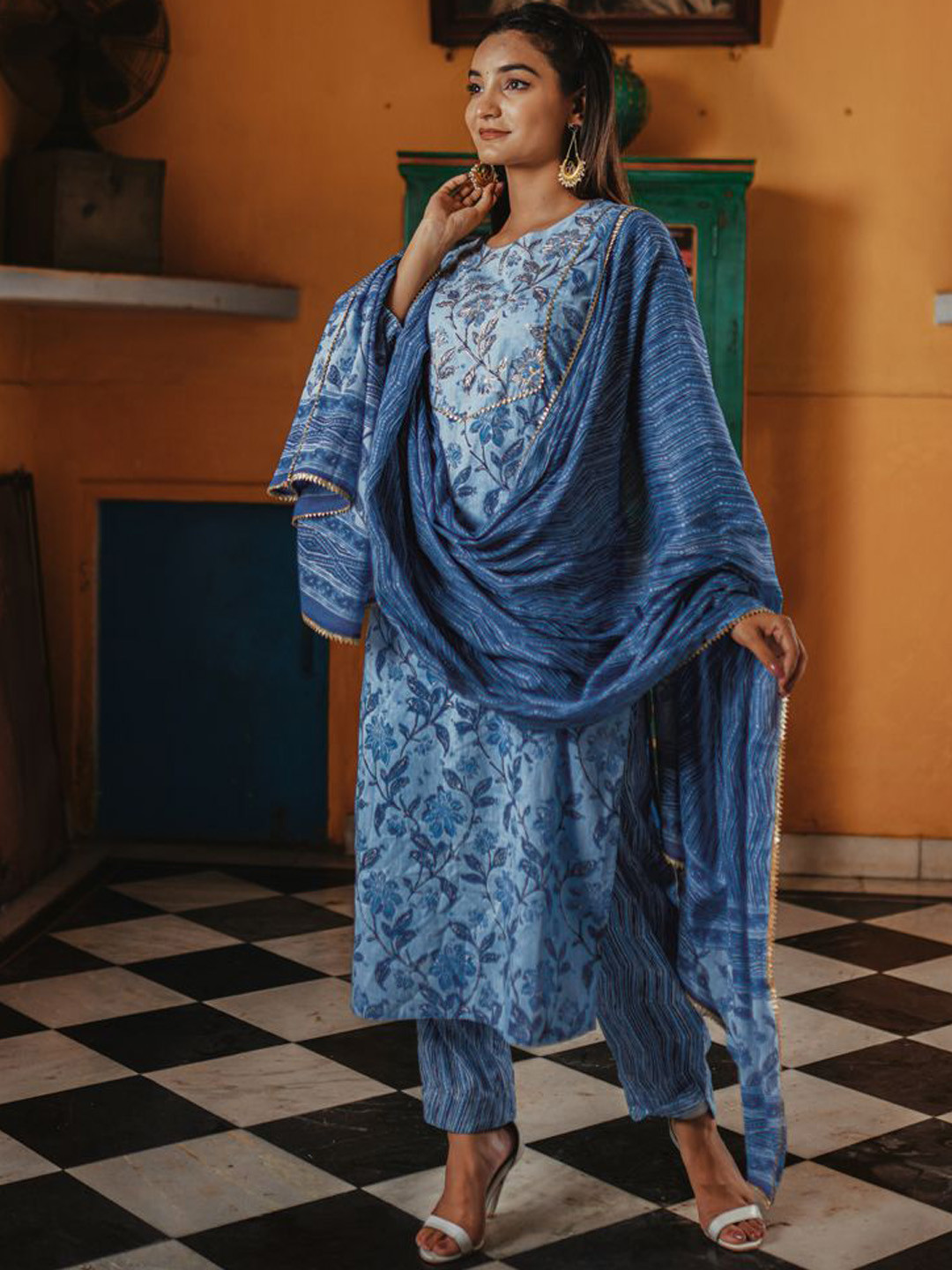 POPPIES LANE Azure Blue Sanganeri Print Cotton Suit Set