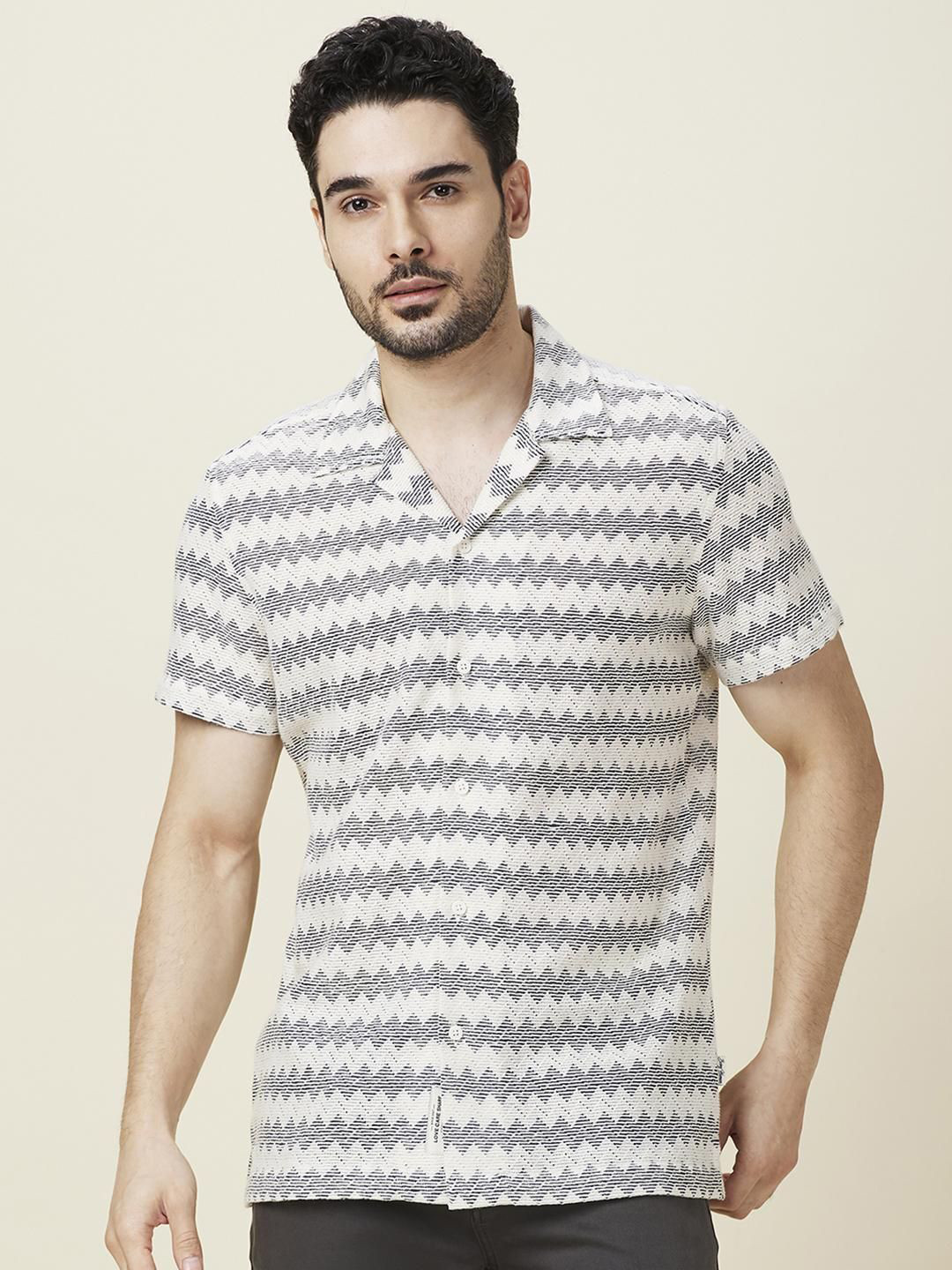Being Human Men Classic Fit Cuban Collar Chevron Striped Cotton Casual Shirt