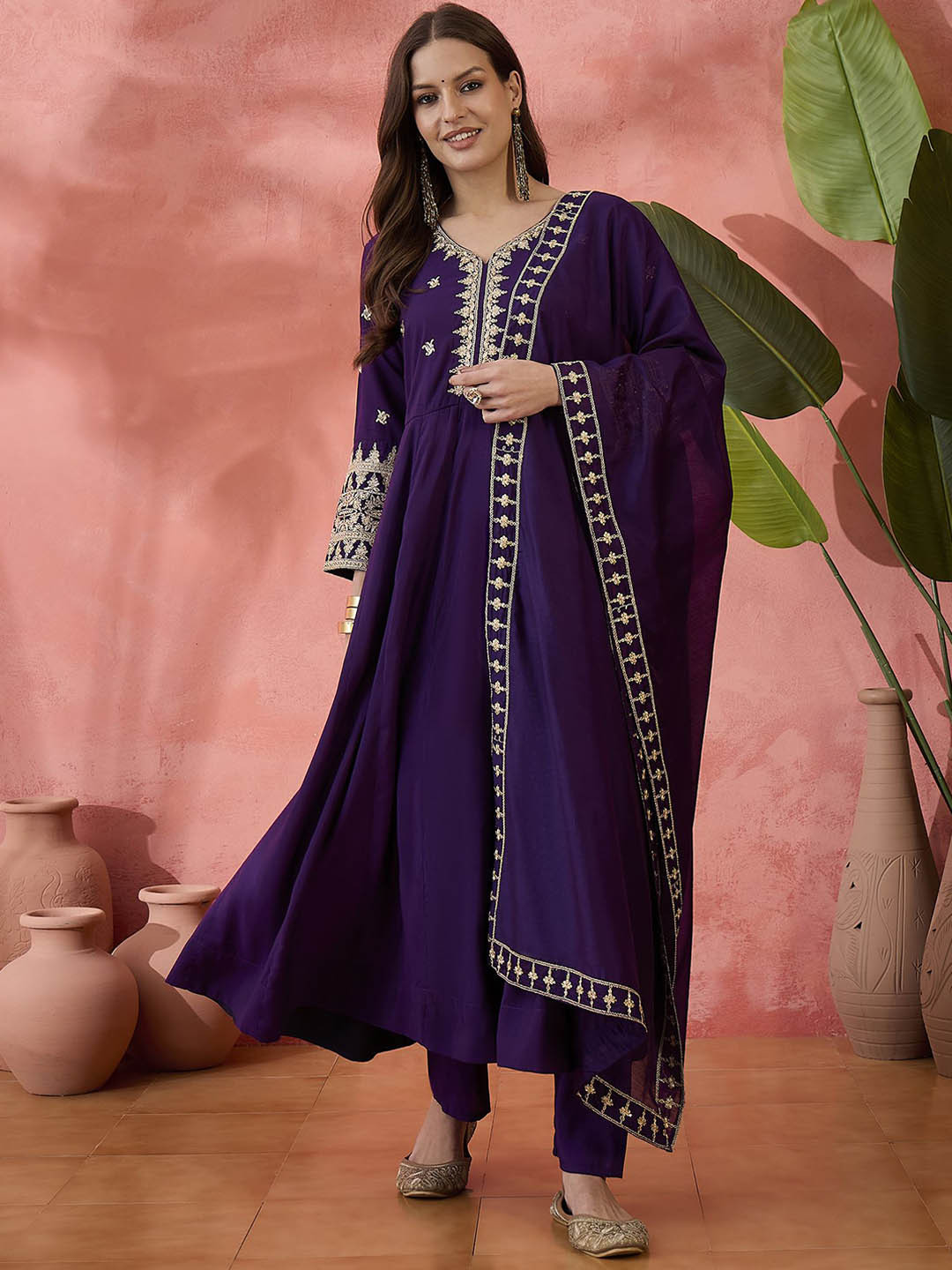 Sangria Violet Floral Yoke Design Thread Work Anarkali Kurta And Trouser And Dupatta