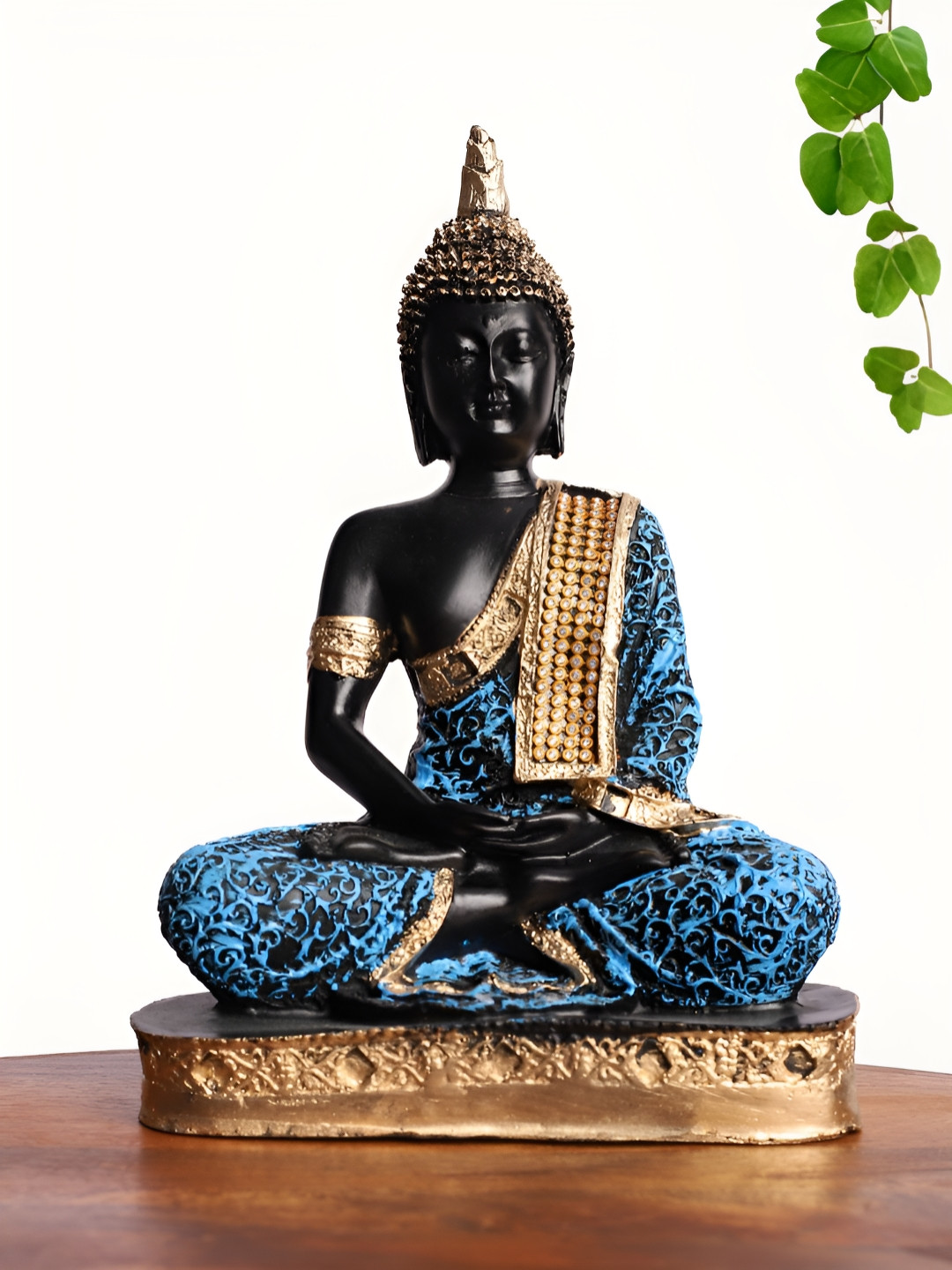 INTERNATIONAL GIFT Meditating Buddha Blue Polyresin Glossy Prayer Room Small Showpiece - 9 Inches