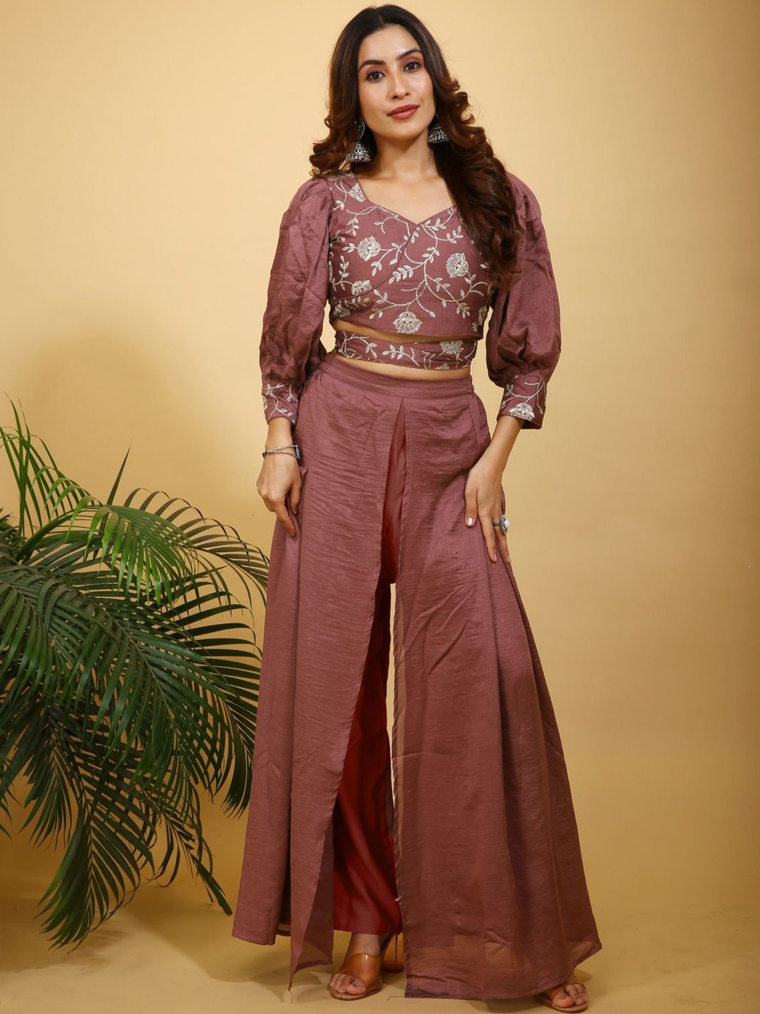 SANCIA Floral Embroidered Sweetheart Neck Crop Top With Palazzos