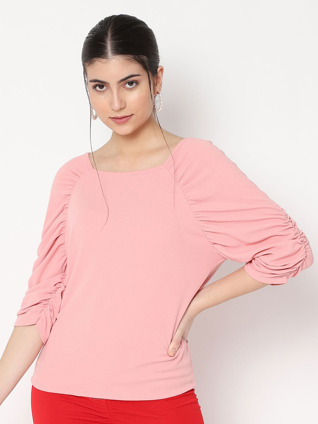 AVANOVA Women Square Neck Accordion Pleated Sleeves Boxy Top