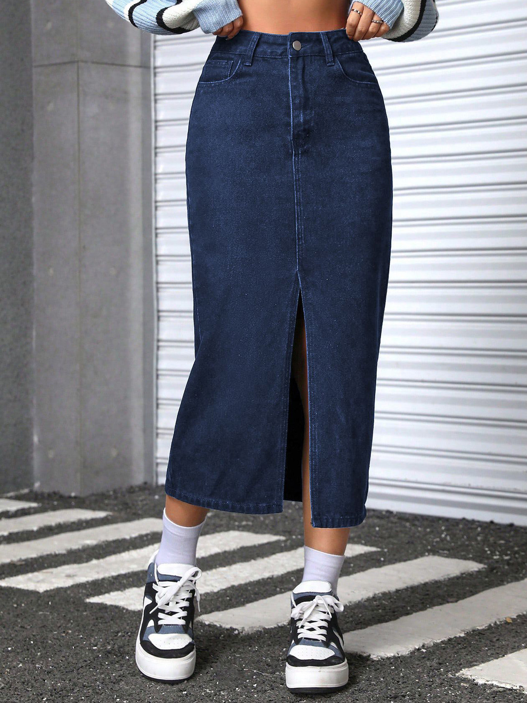 AAHWAN Women High Waist Slit Denim Straight Midi Skirt