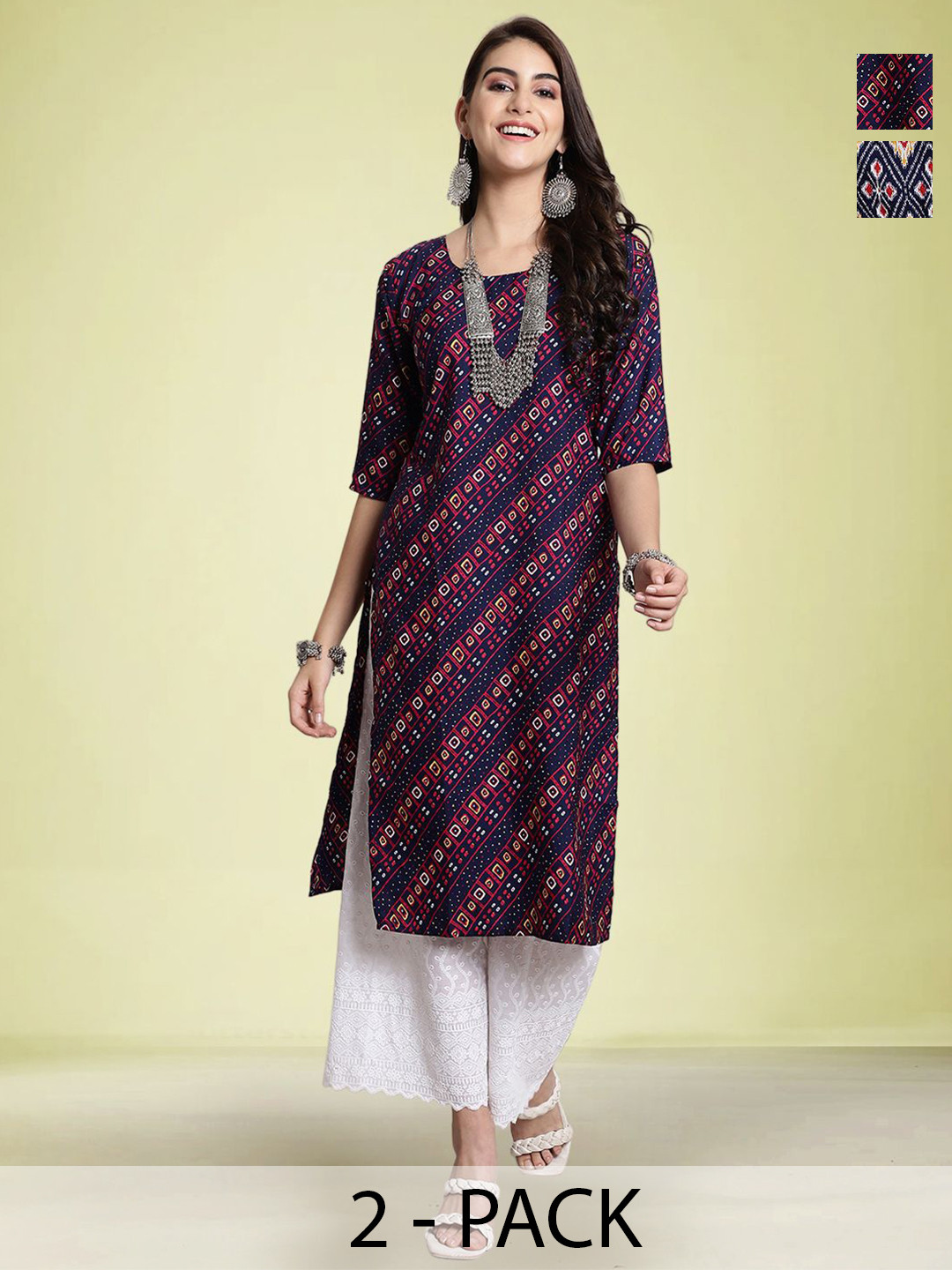 Moda Rapido Selection Of 2 Geomertric Printed Round Neck Straight Kurtas