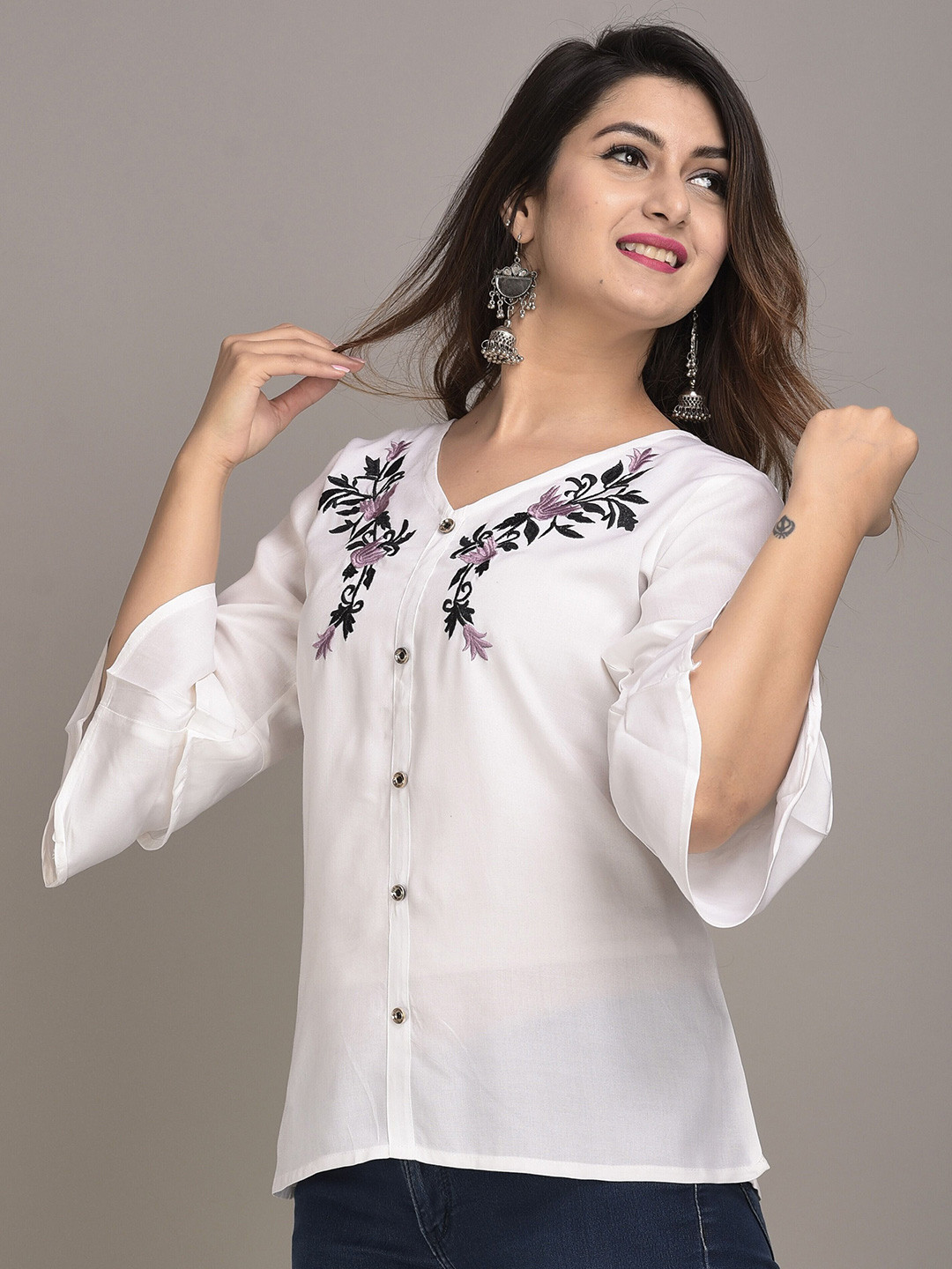 VYMO Women Embroidered V-Neck Bell Sleeves Longline Top