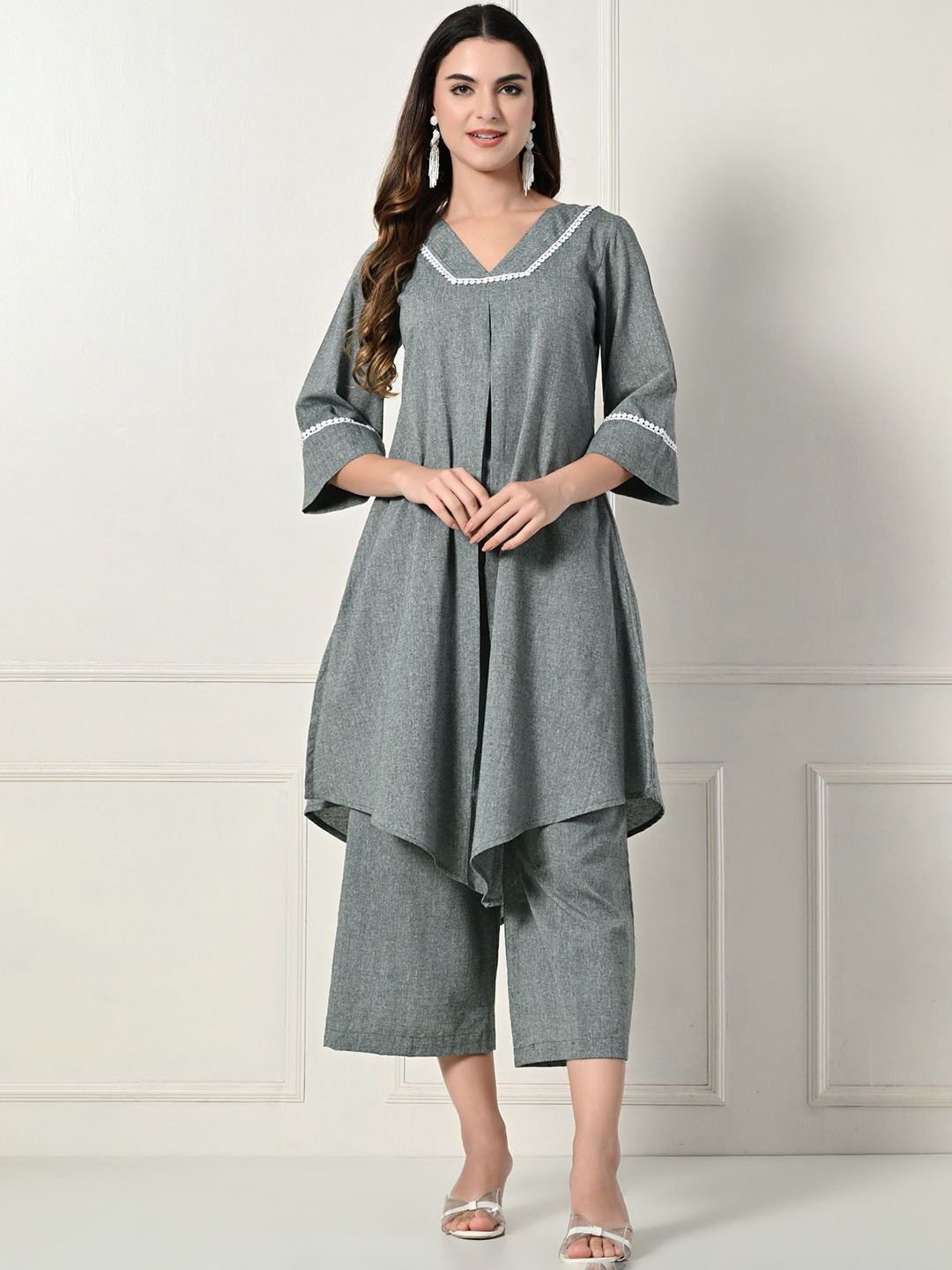 Laado - Pamper Yourself V-Neck Pleated A-Line Pure Cotton Kurta With Palazzos