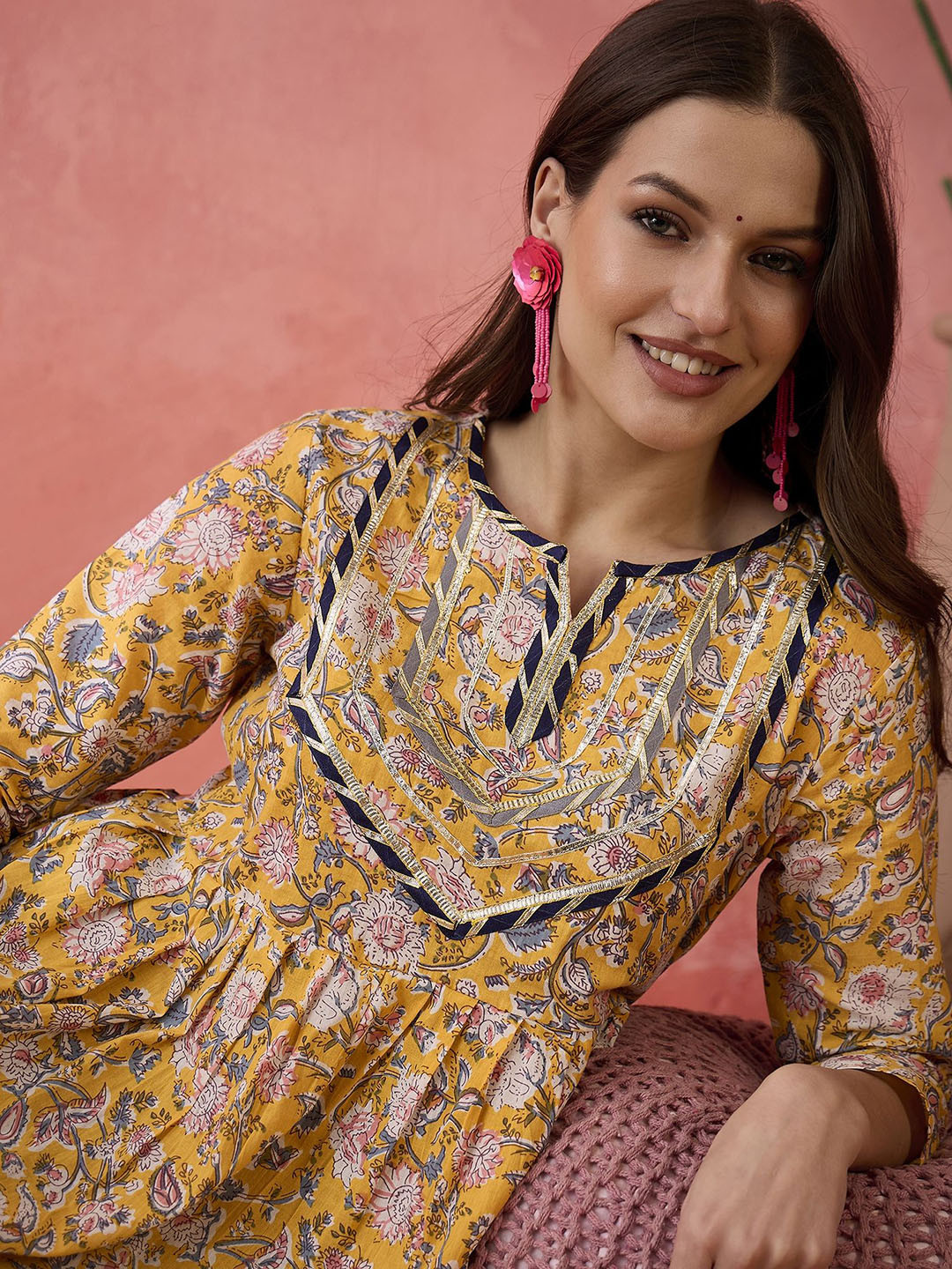 Sangria Mustard Floral Printed Pure Cotton Empire Style Anarkali Kurti & Dhoti Pant Set