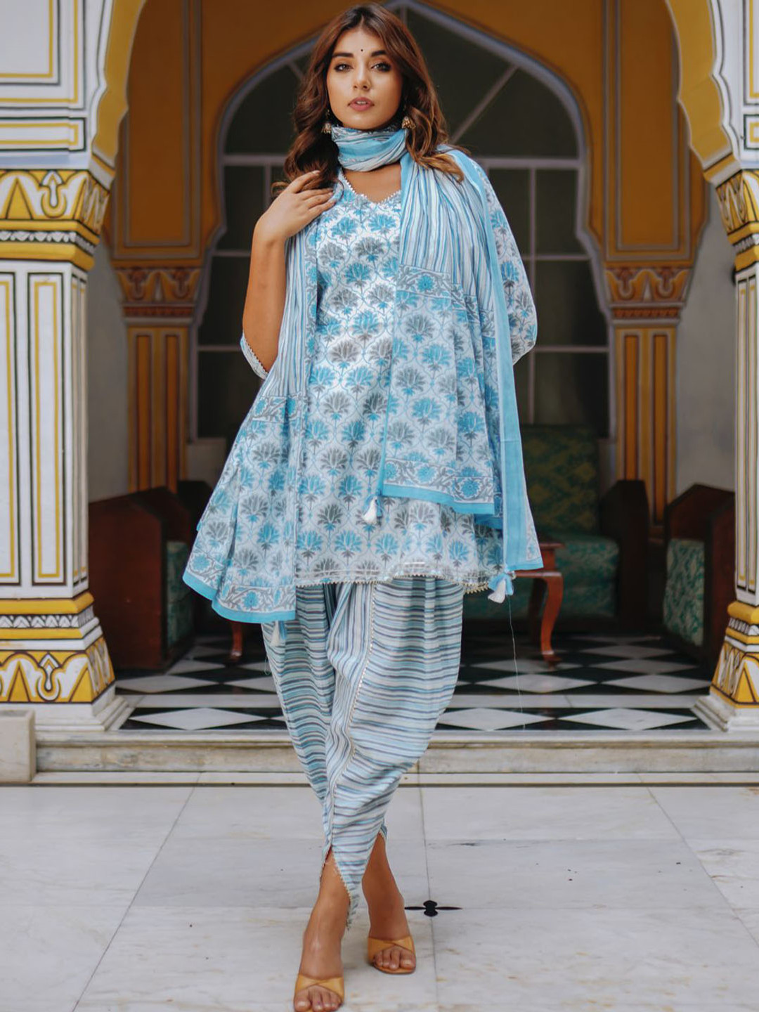POPPIES LANE Aqua Blue Angrakha Pattern Gotha Patti Dhoti Suit Set