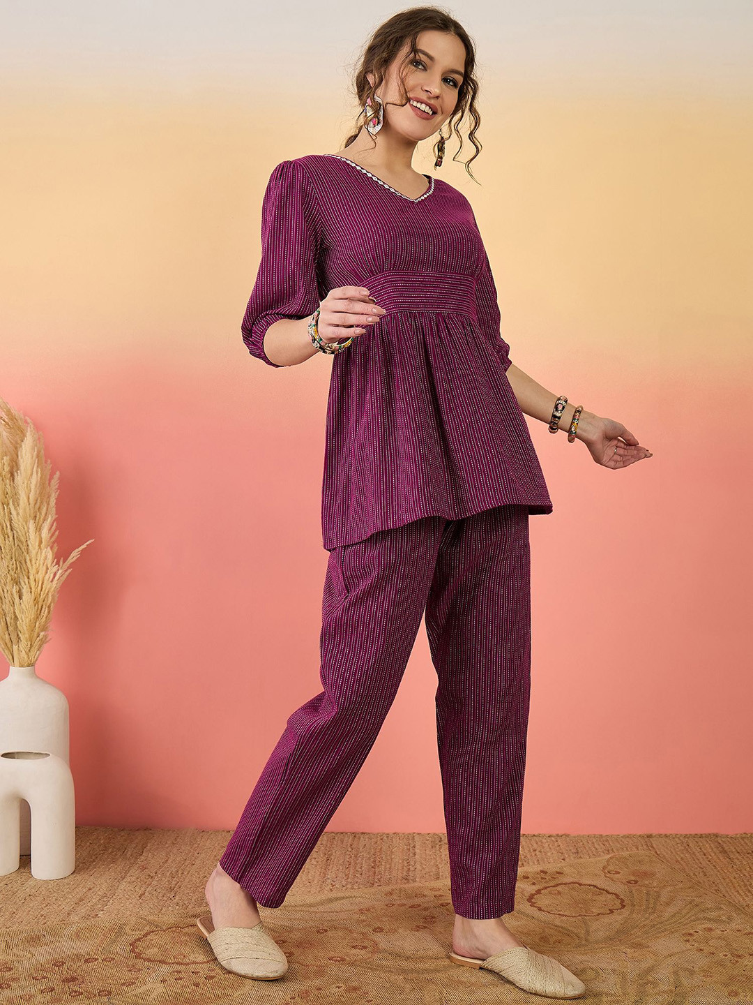 Sangria Burgundy Kantha Work Woven Design V-Neck Puff Sleeves Pure Cotton Top & Trouser