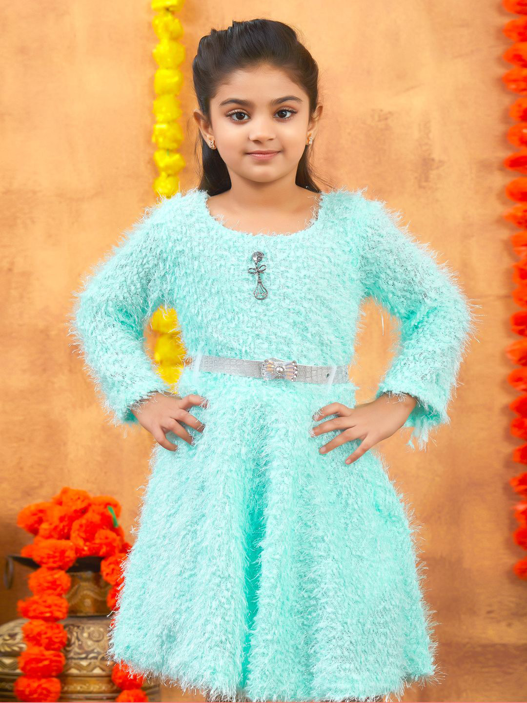 Sangria Girls Winter Woollen Fit and Flare Dress With Belt