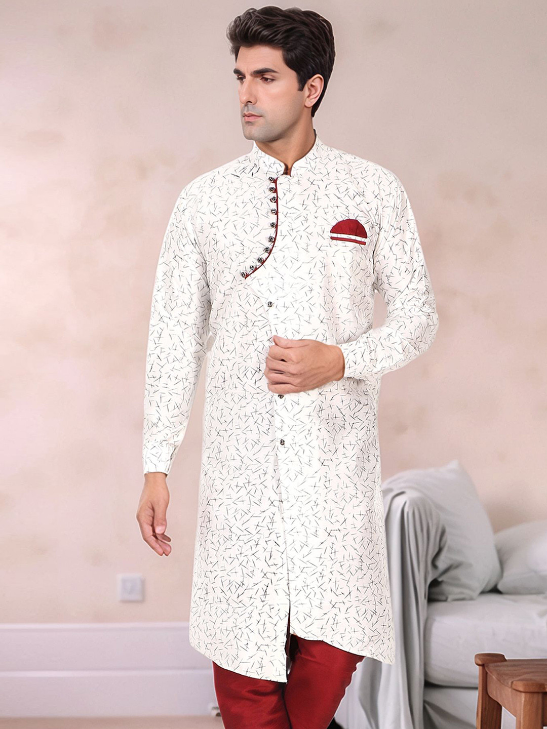 Moda Rapido Geometri Printed Mandarin Collar Straight Kurta With Pyjamas