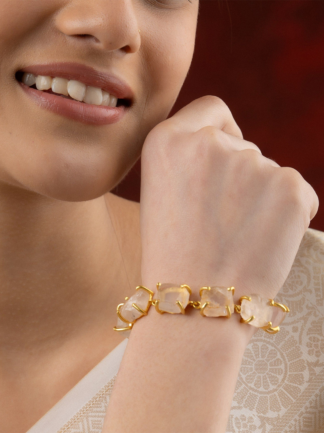 TOTAPARI Unisex Brass Gold-Plated Agate & Uncut Rose Quartz Wraparound Bracelet