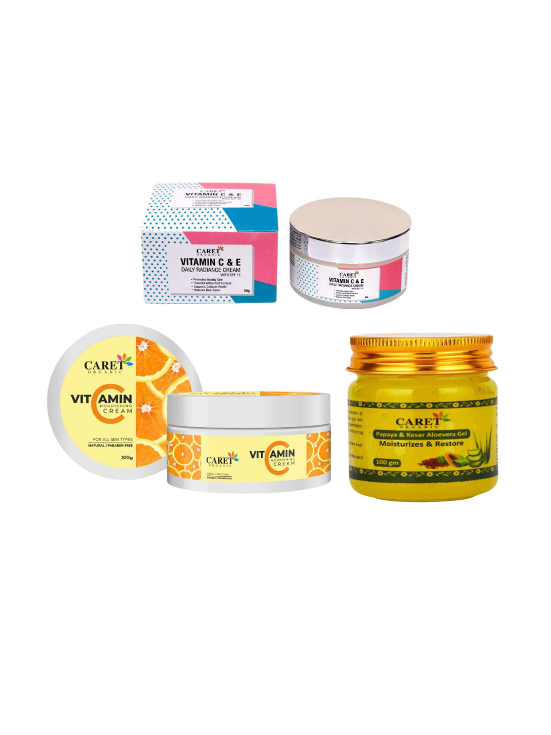 CARET ORGANIC Set Of 3 Daily Radiance Cream- 50 ml- Vitamin C Cream- 100 g & Gel- 100 g