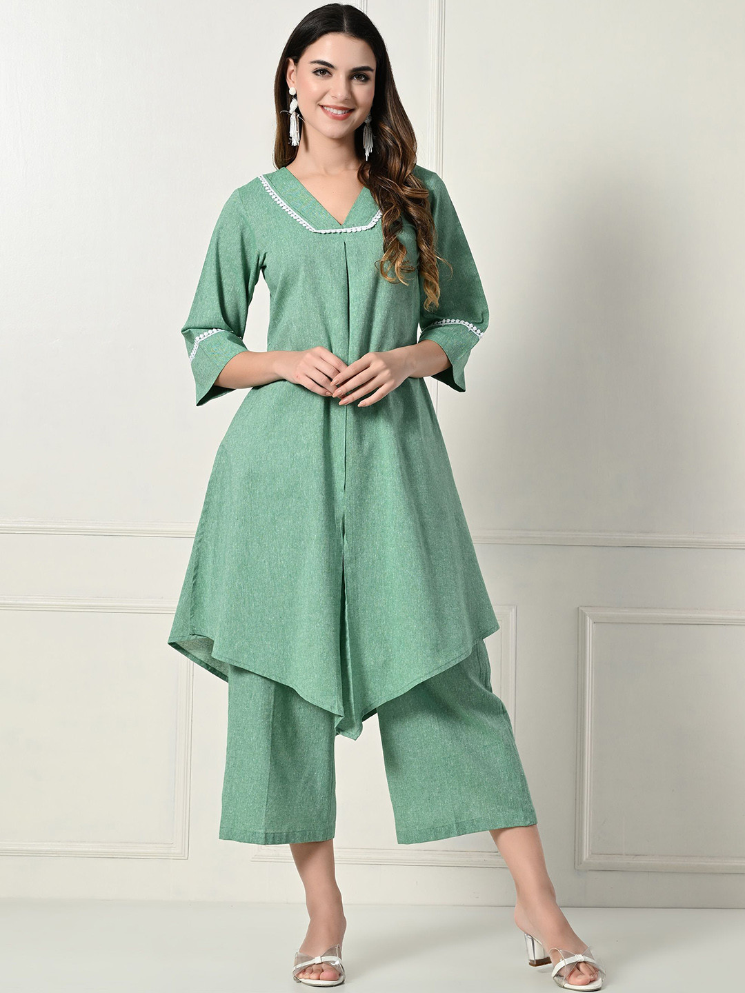Laado - Pamper Yourself V-Neck Pleated A-Line Pure Cotton Kurta With Palazzos