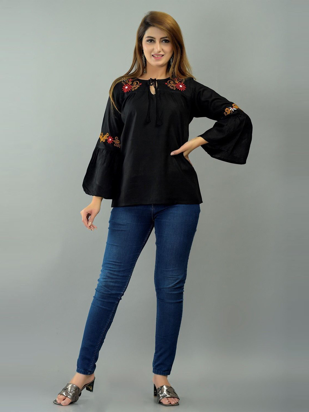 VYMO Women Embroidered Tie - Up Neck Top