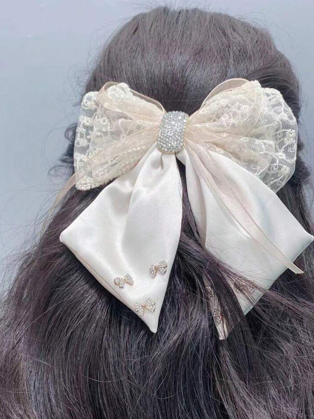 Radhya Accessories Rhinestone Satin Barrette Lace Hair Bow Clip